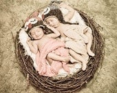 XL Bird Nest Photo Prop- Twins Owl Nest with Scattered Feathers Infant Photography Prop-toddler photo prop