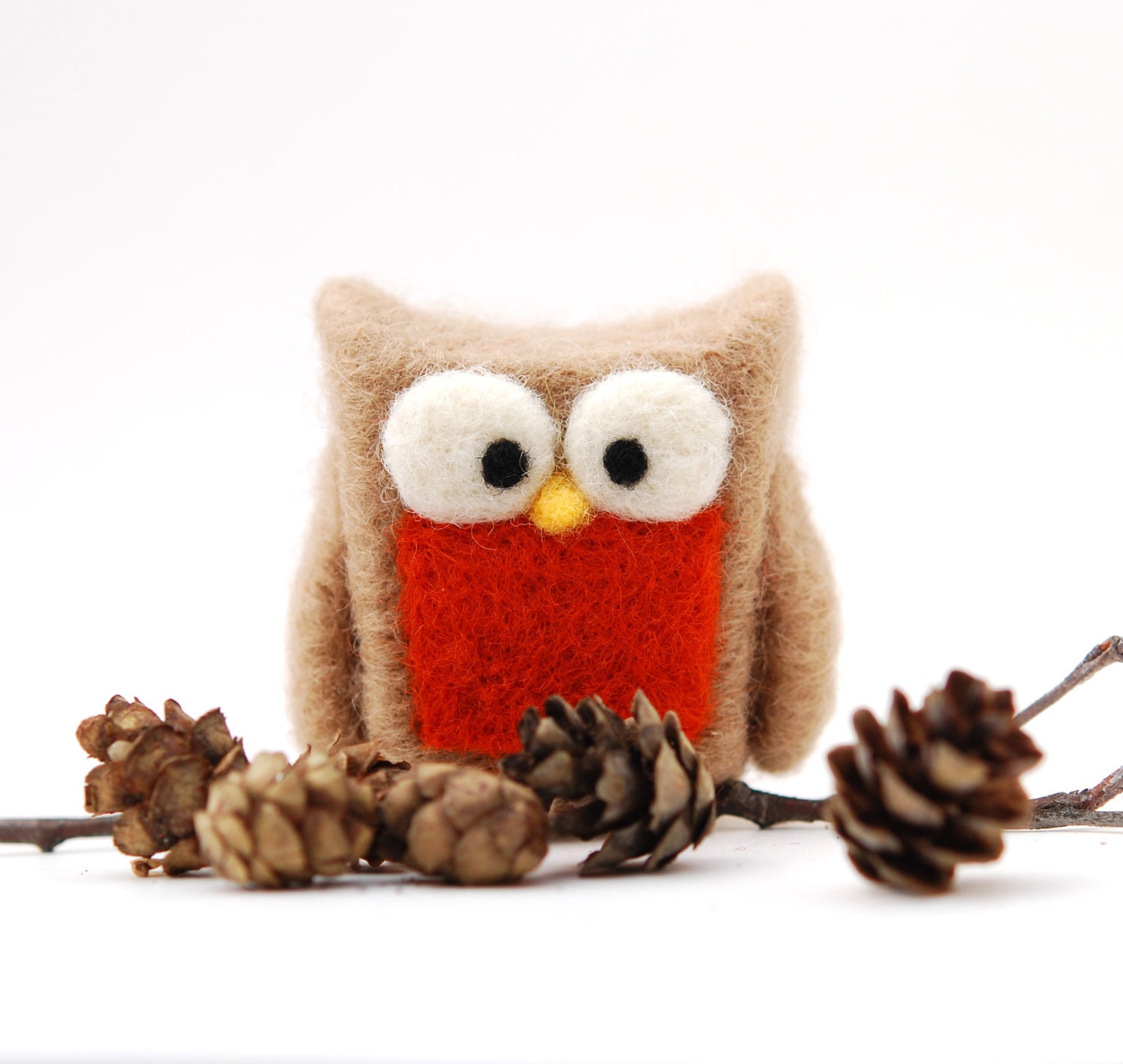 Needle Felted Owl, tan orange rust home whimsical decor play ecofriendly - feltjar