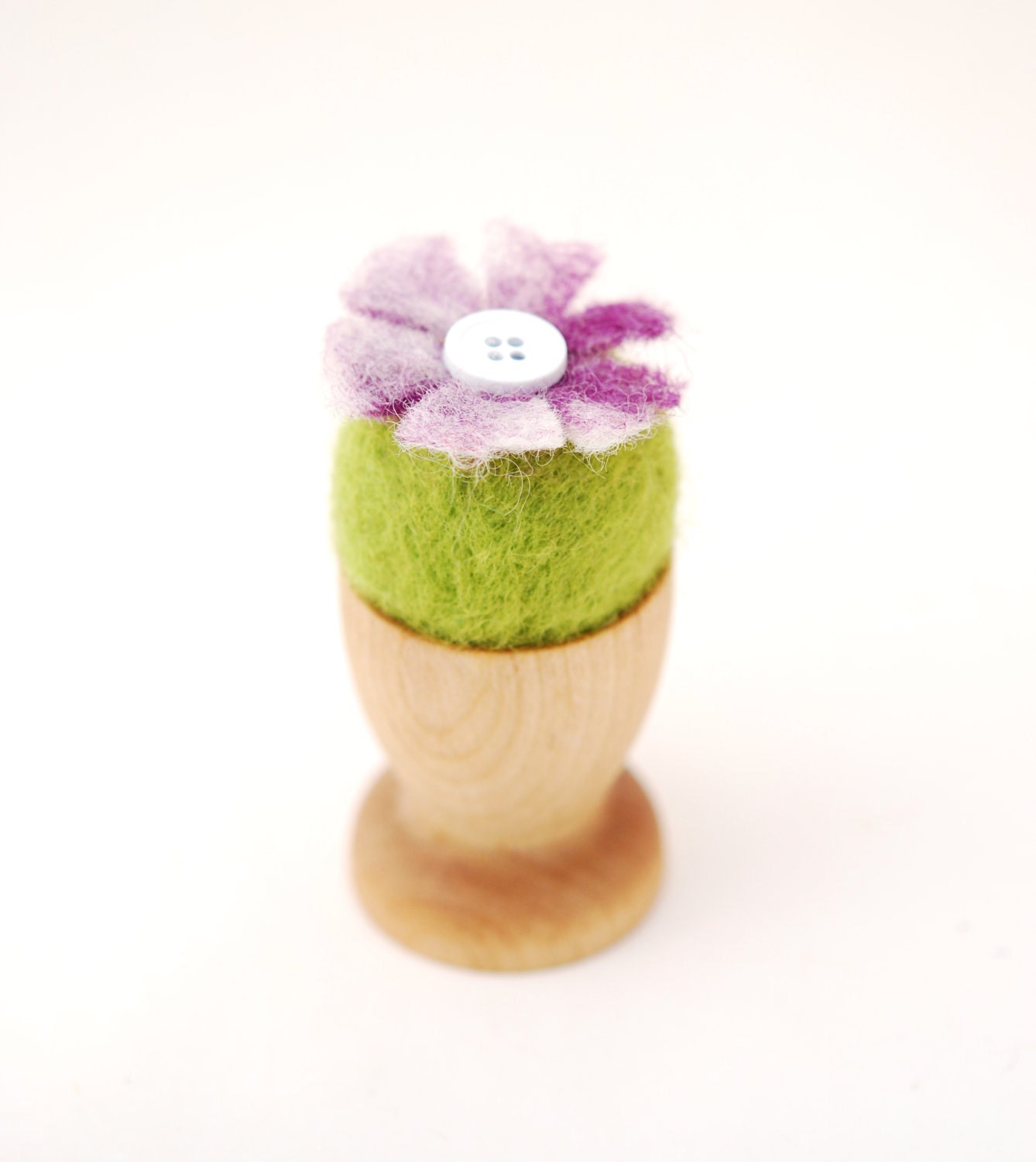 Needle Felted Pincushion, green purple flower sewing under 15 ecofriendly wood natural
