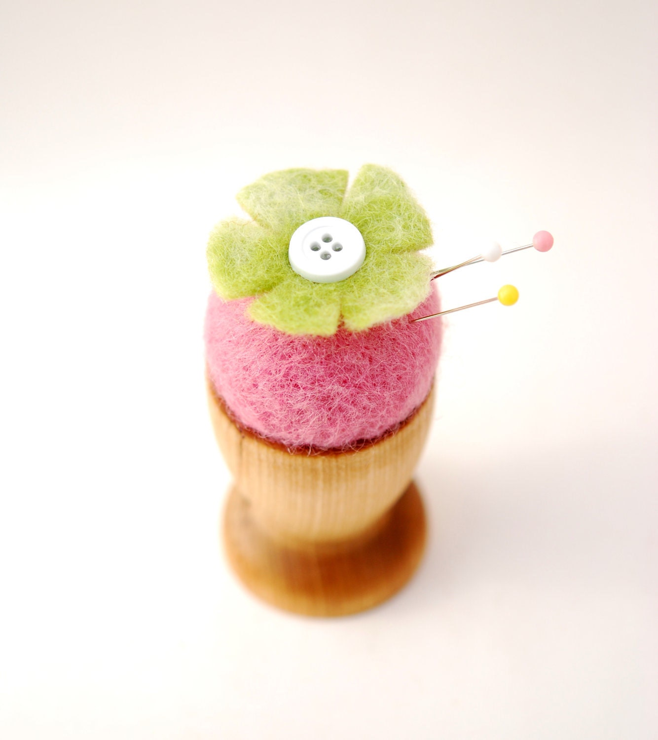 Needle Felted Pincushion, green pink flower sewing ecofriendly garden wood natural