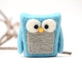Needle Felted Owl, grey blue wool fun whimsical ecofriendly decor  aqua