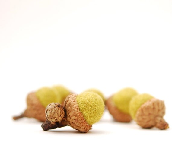 Felted Acorns,  moss nature woodland decor olive green ecofriendly
