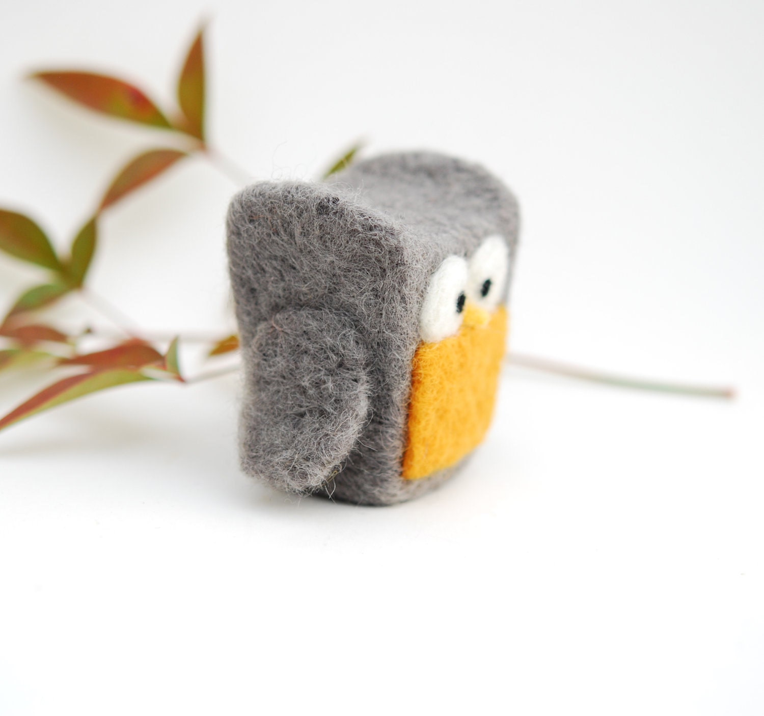 Needle Felted Owl, grey mustard yellow wool home whimsical decor play ecofriendly