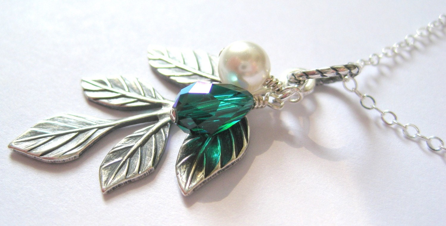 Silver leaf necklace, Swarovski emerald crystal white pearl necklace, Sterling Silver necklace, Handmade jewelry