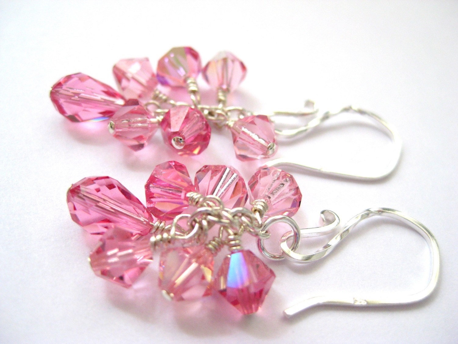Handmade pink earrings, Swarovski crystal rose pink earrings, Sterling silver earrings, Wire wrapped cluster earrings, Bridesmaid gift