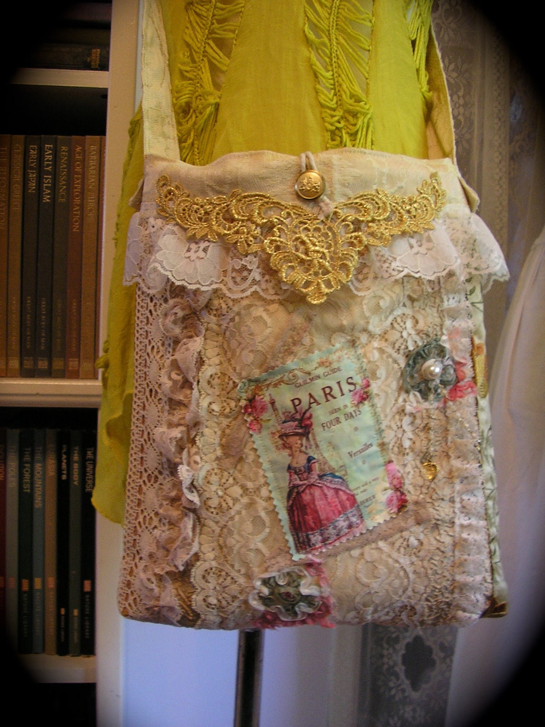 Chic Shabby Purse, french embellished, ruffled lace, antique white, mixed fabric bag