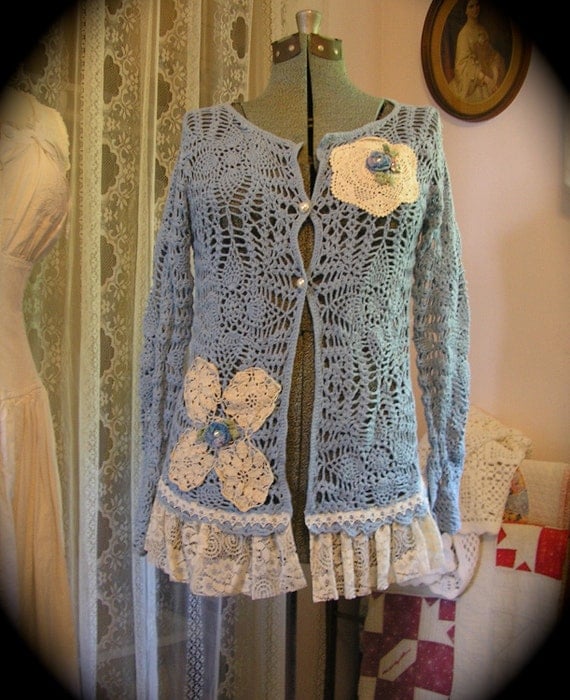 Doily Crochet Sweater, shabby cotton vintage doilies lace upcycled altered clothes MEDIUM
