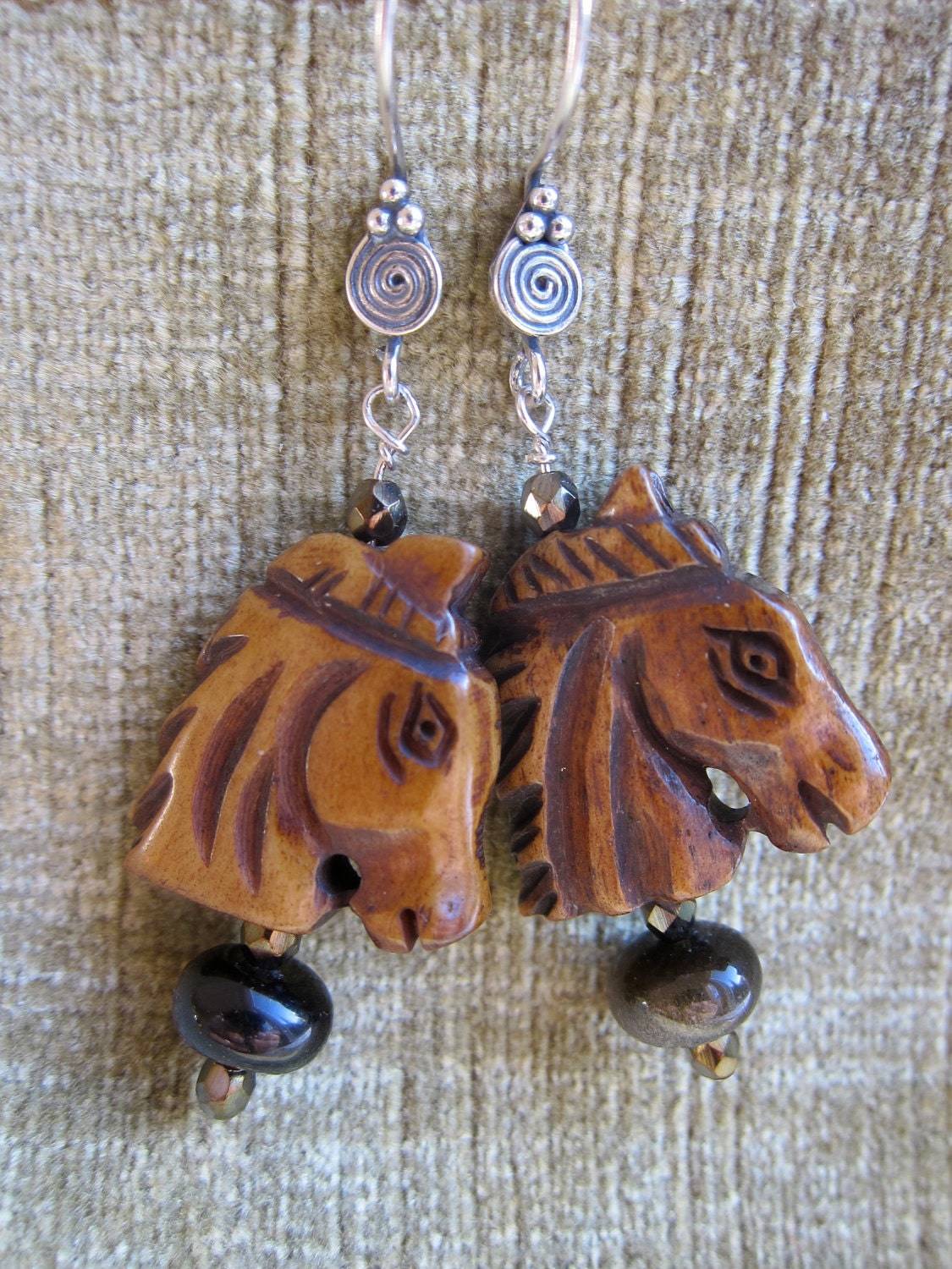 Horse Head Chestnut Brown Earrings - Bali Sterling Silver earwires