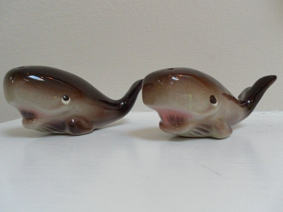Vintage Cute  Kitschy Nautical Dark Grey Whale Ceramic  Salt and Pepper Shakers