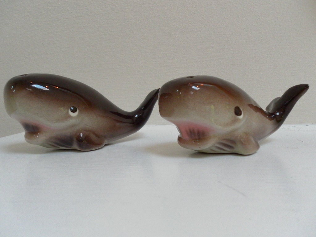 Vintage Cute  Kitschy Nautical Dark Grey Whale Ceramic  Salt and Pepper Shakers