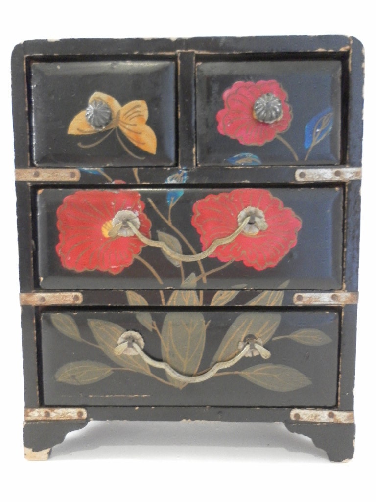 Vintage Black with Hand painted red Flowers and Butterfly Little Wooden Chest with drawers and metal handles