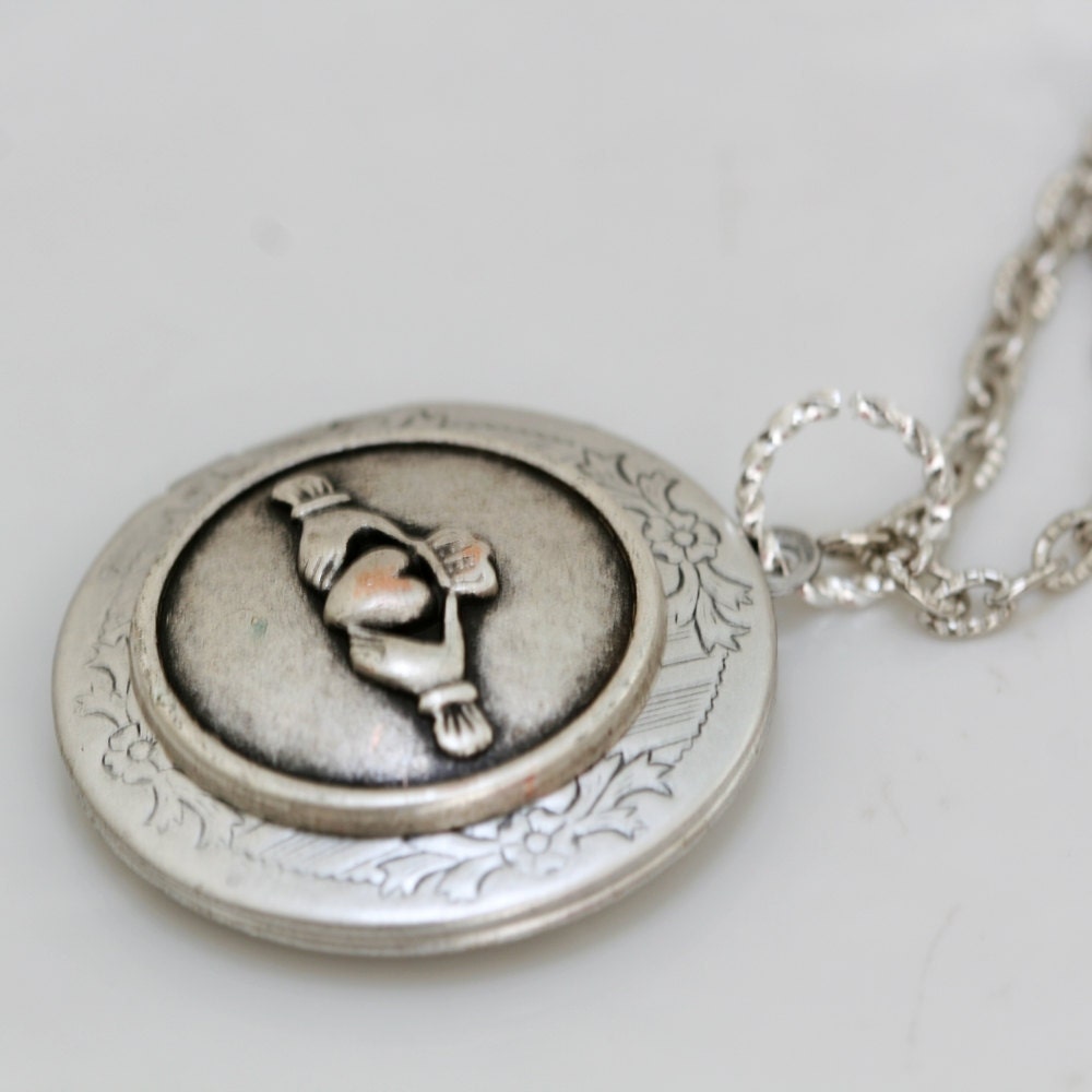 Irish Princess,Claddagh, Antique Locket,Silver Locket,Heart,Crown, Irish,Lucky, Shamrock,Love,Wedding,Bridal Jewelry,Bridesmaids Gift