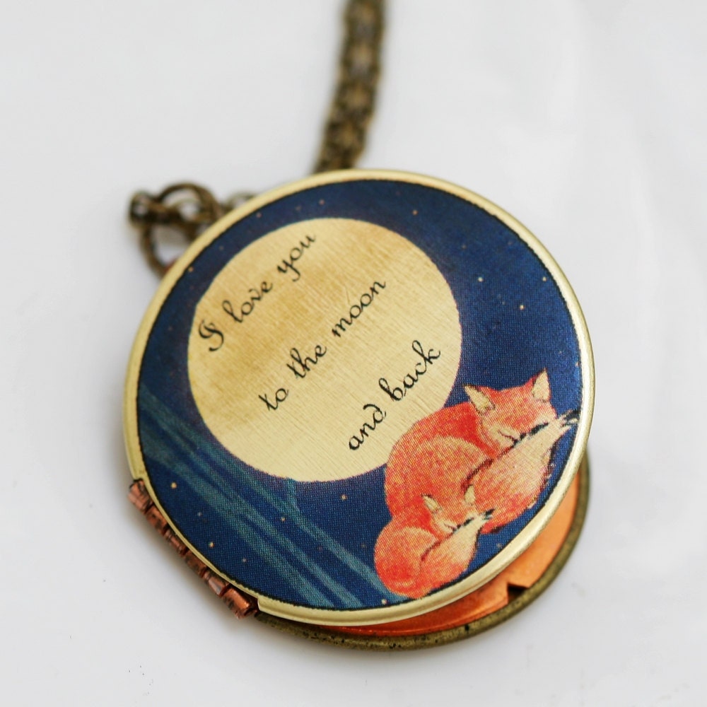 ON SALE Sleepy Fox, Fox,Sleep,Red,Mom,Baby,Antiqued Locket, 32mm,I love you to the moon and back, Photo Image Round  Locket,