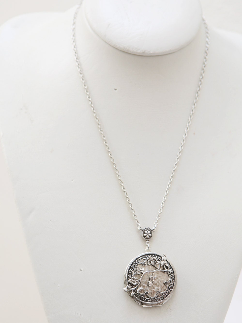 ON SALE Cherry Blossom,Locket,Silver Locket,Antique Locket,Flower Locket,Flower,vintage locket,Wedding Necklace,bridesmaid necklace