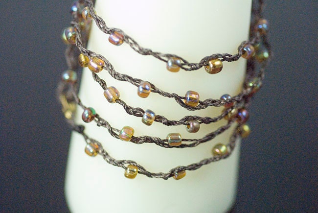 Beaded wrap bracelet, brown, braided, handmade