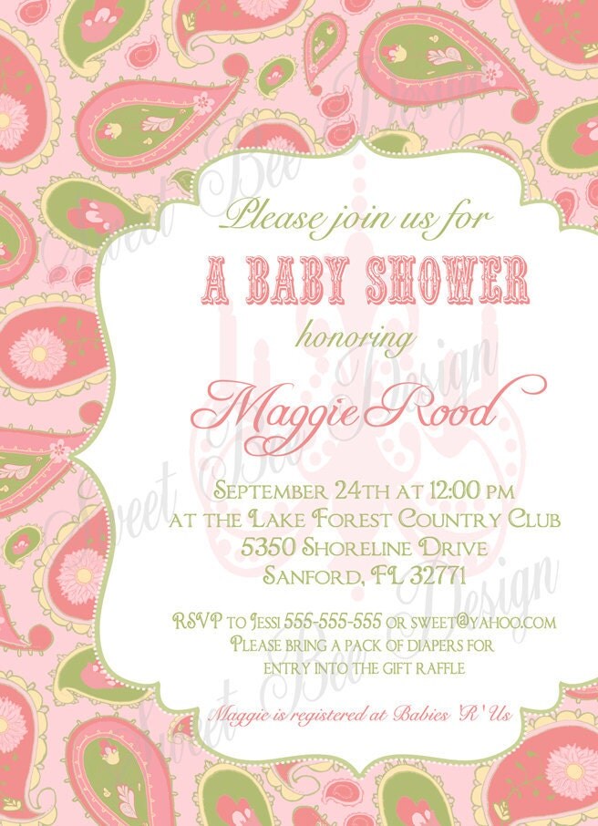 Baby Girl Shower Invitation , Paisley Baby Shower Invitation , Baby ...