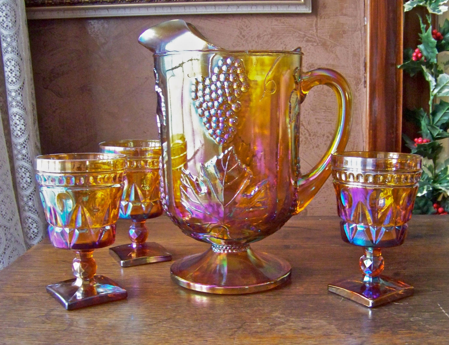 Vintage Carnival Glass Pitcher and Goblets