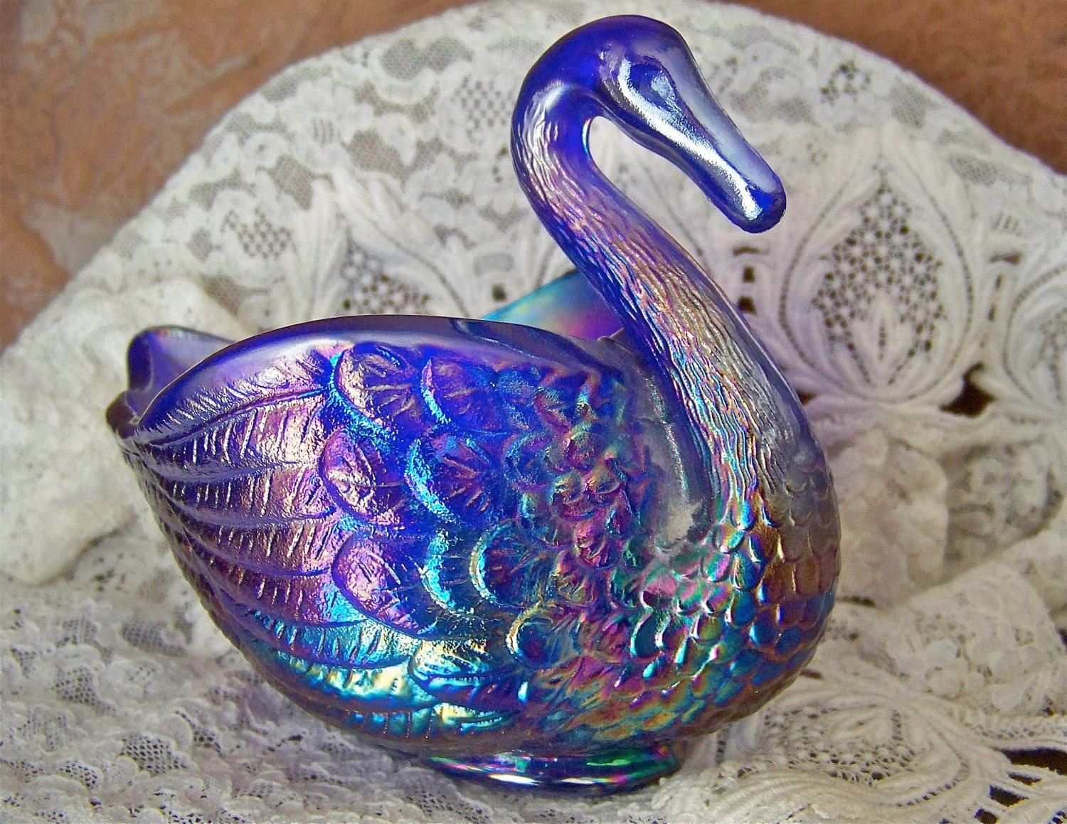 Vintage Amethyst Carnival Glass Swan Bowl