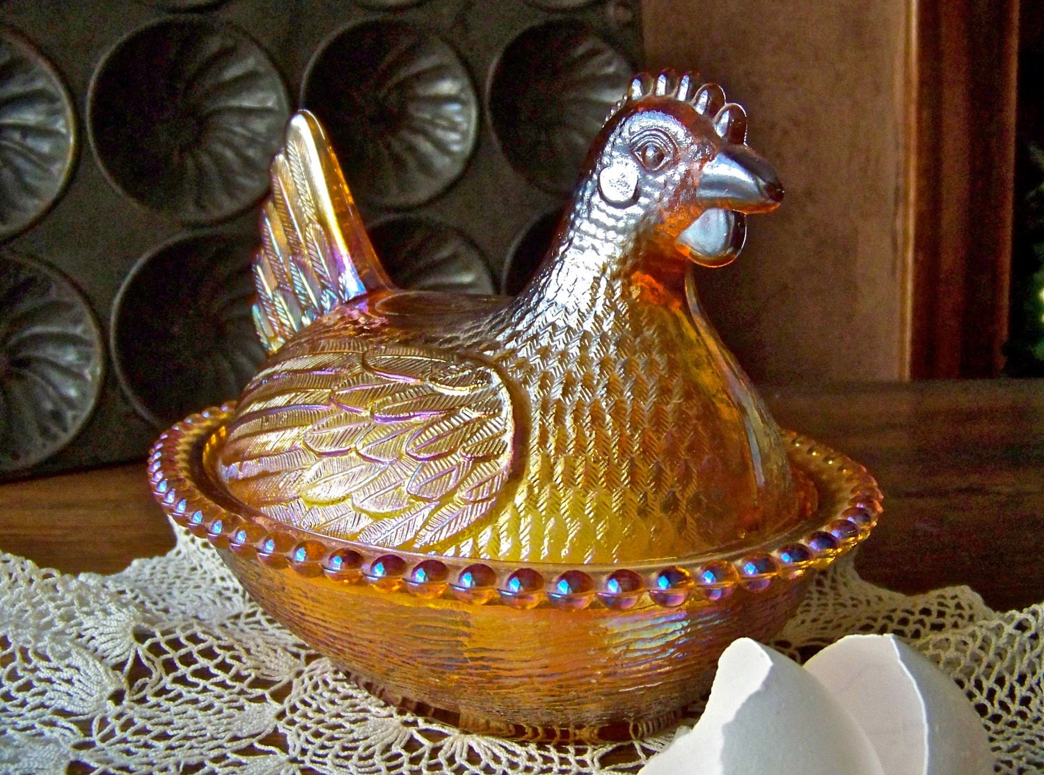 Vintage Carnival Glass Hen Serving Bowl