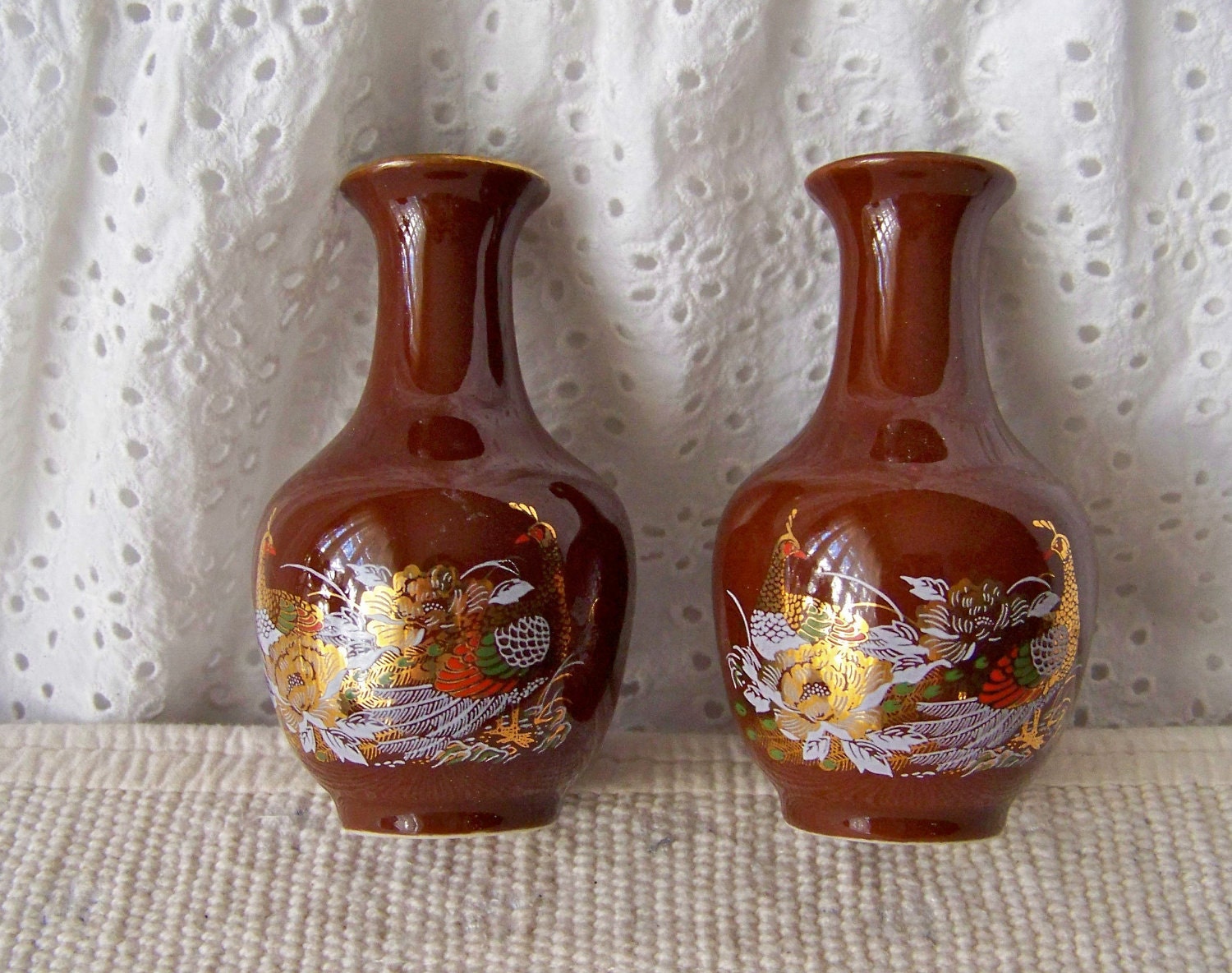 Vintage Chocolate Brown Porcelain Peacock Vases