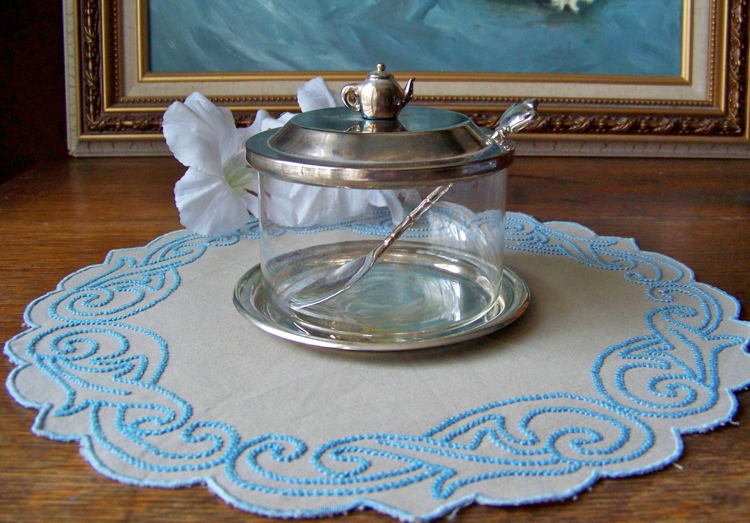 Vintage Jam Pot with Silver Plate Lid Tray and Spoon
