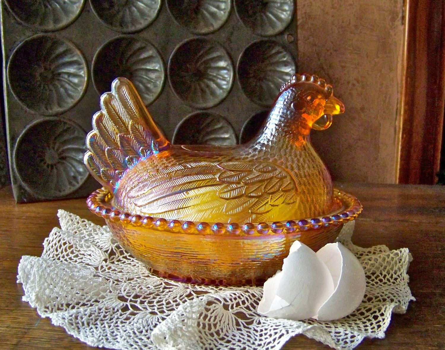Vintage Carnival Glass Hen Serving Bowl