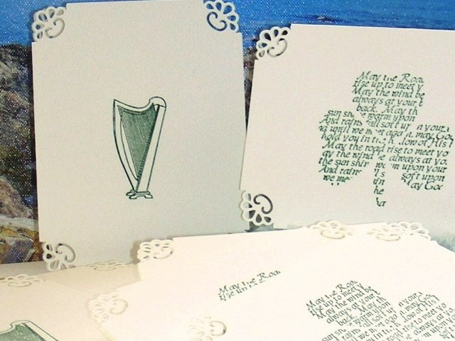 A Wee Bit o Ireland Stunning Irish Shamrock Harp Notecard Set of 8 Celtic Note Cards