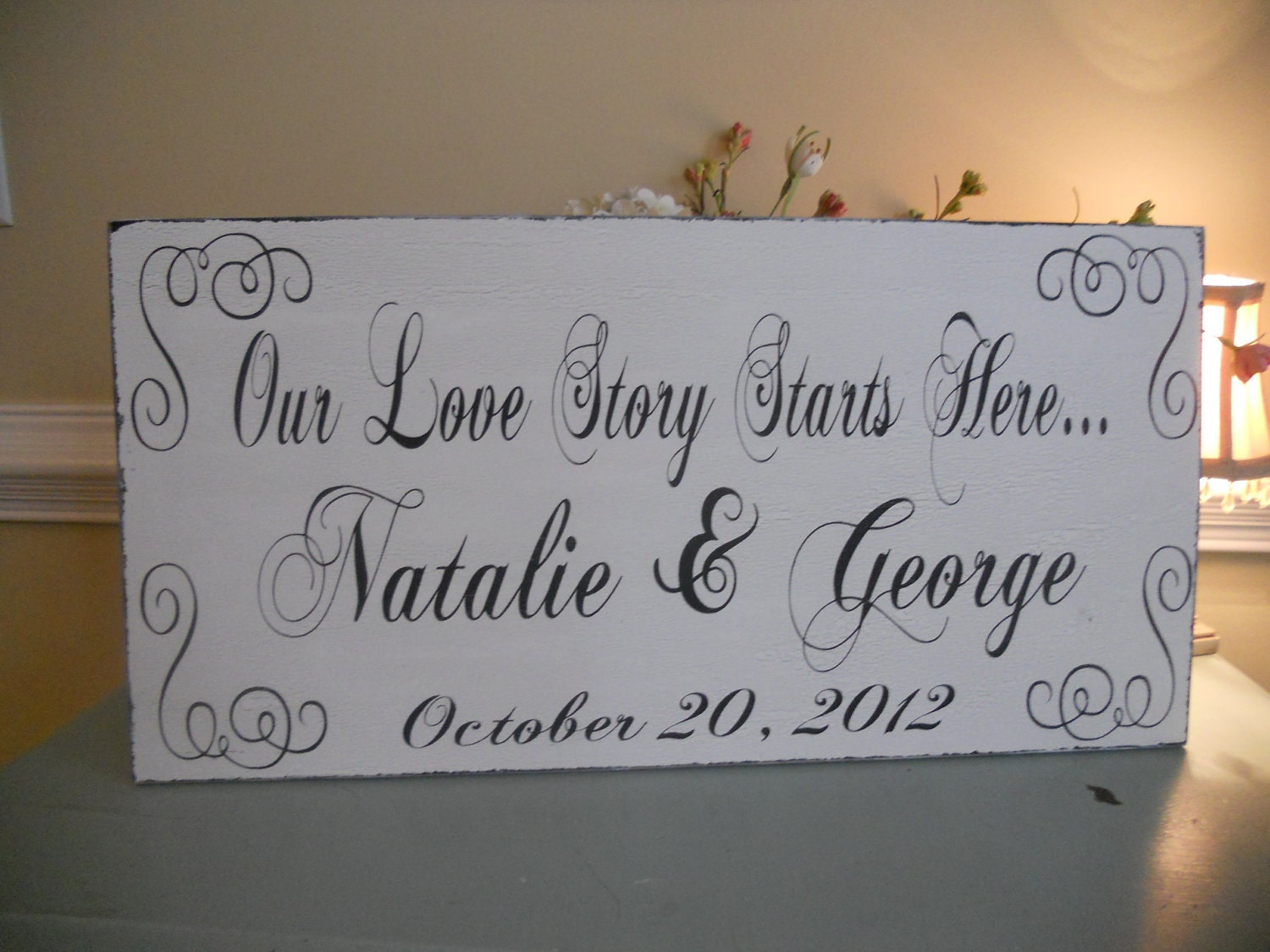 Personalized Wedding sign..Our Love Story Starts Here..Black and whith distressed Sign..:)