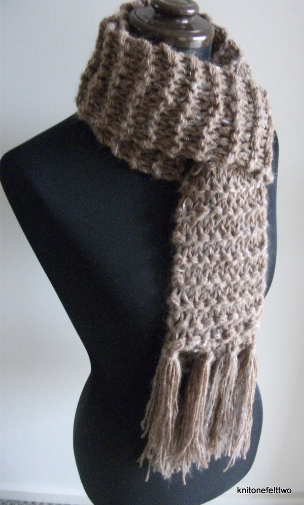 Chunky hand knitted natural brown alpaca scarf
