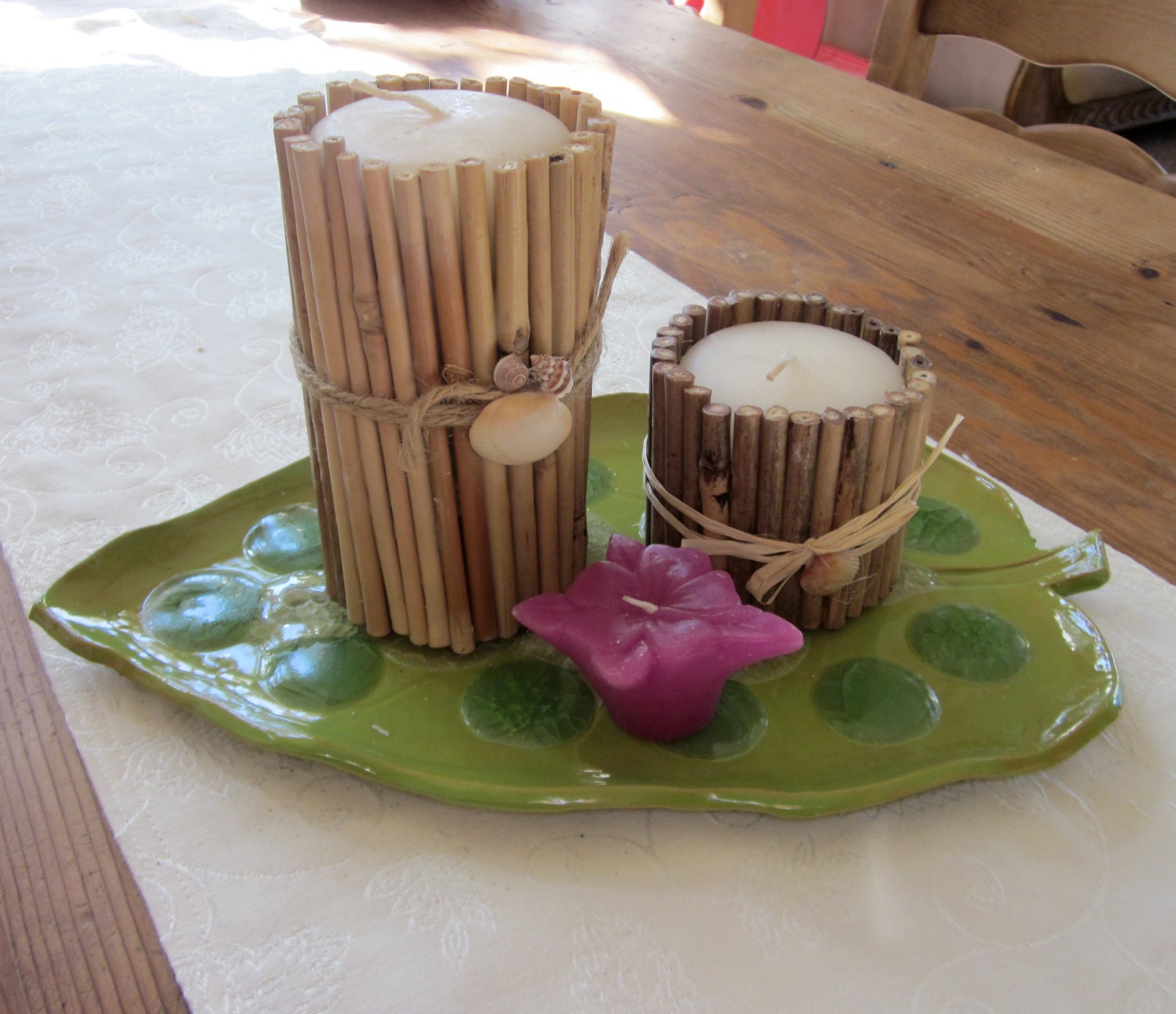 Large ceramic leaf dish with bamboo candles