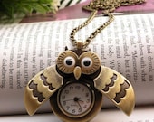 Retro copper owl eyes wings can open pocket watch necklace pendant jewelry vintage style