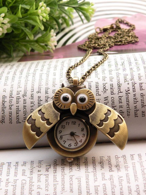 Retro copper owl eyes wings can open pocket watch necklace pendant jewelry vintage style
