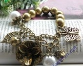 Retro copper rose flower butterfly feather leaf pearl beads bracelet vintage style