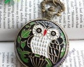 Pretty retro copper owl in green leaves pocket watch quartz watch necklace pendant jewelry vintage style