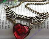 Pretty retro copper red crystal heart with two angel wings necklace pendant jewelry vintage style