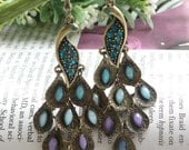 Pretty retro copper colorful filigree stone feathers peacock earrings vintage style
