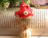 Pretty retro gold red glaze Mushrooms with rabbit Hot Air Balloon necklace pendant jewelry vintage style
