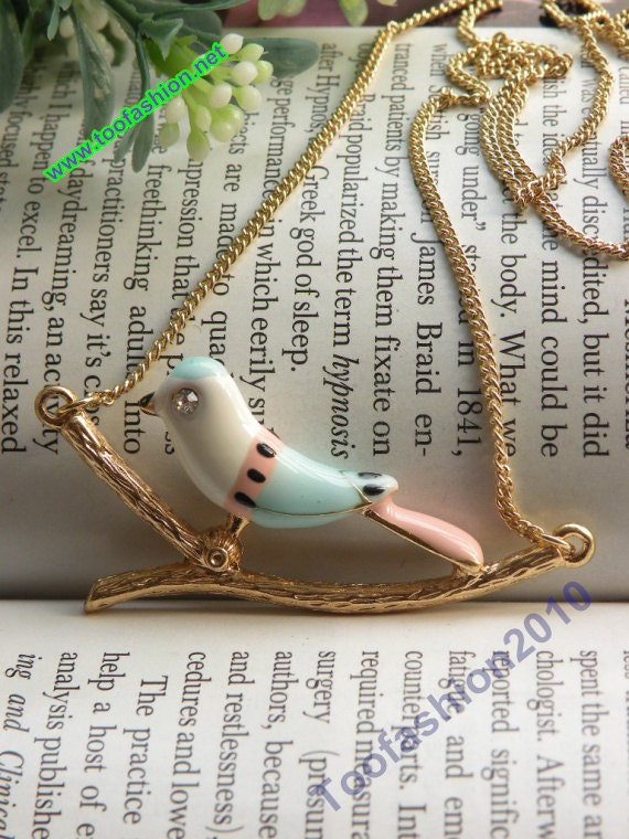Pretty retro gold 3d colorful glaze feather bird with white eyes on branch pendant necklace vintage style