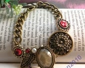 Retro copper sun flower leaf with red crystals hand chain bracelet vintage style