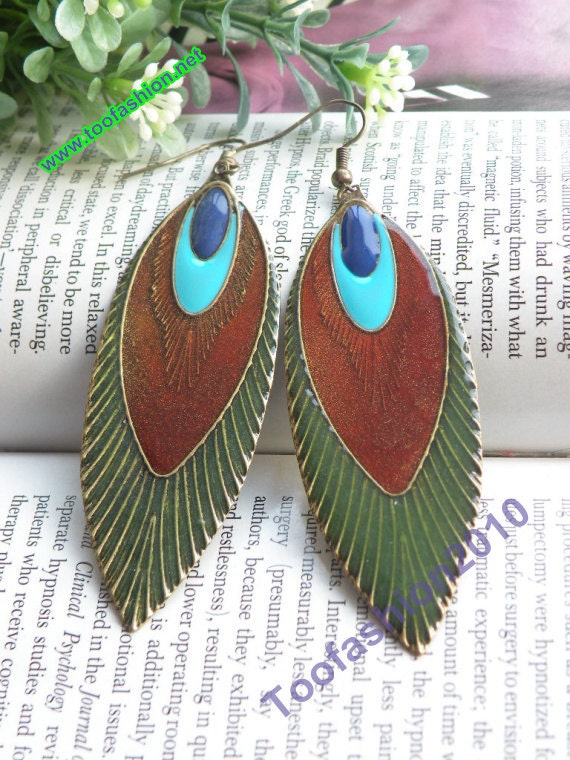 Pretty retro copper colorful glaze peacock feather earrings vintage style