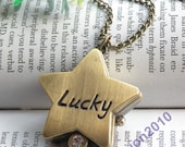 Retro copper can open star shaped with lucky word pocket watch necklace pendant jewelry vintage style
