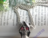 Pretty retro silver Death god with pink crystals eyes necklace pendant jewelry vintage style