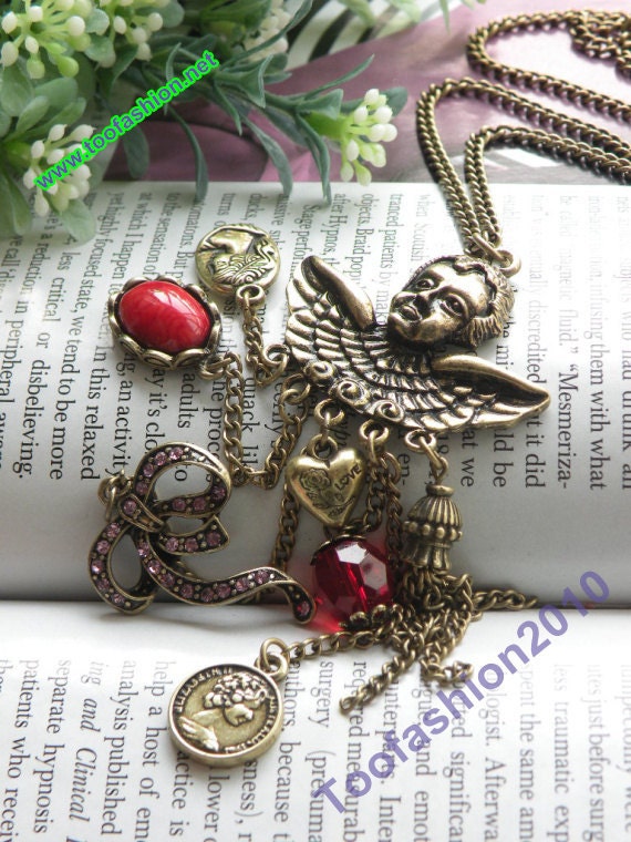 Pretty retro copper prince with heart bow coin necklace pendant vintage style