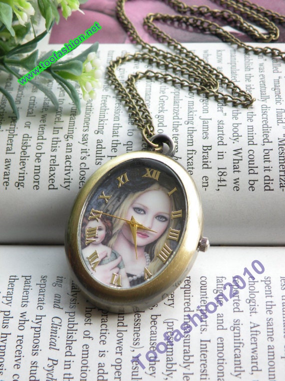 Retro copper oval mother and child photo pocket watch necklace pendant jewelry vintage style