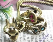 Pretty retro copper rabbit fox and owl head necklace pendant jewelry vintage style
