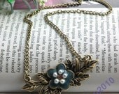 Pretty retro copper blue flower with leaves necklace pendant jewelry vintage style