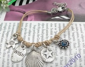 exquisite retro silver shell star with leather chain bracelet pendant jewelry vintage style
