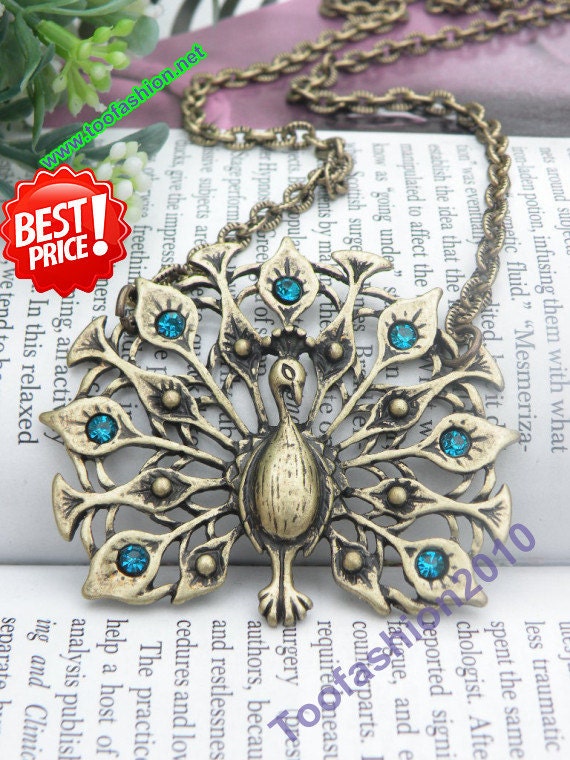 SALE - Pretty retro copper blue crystals expanding feathers peacock necklace pendant vintage style 2