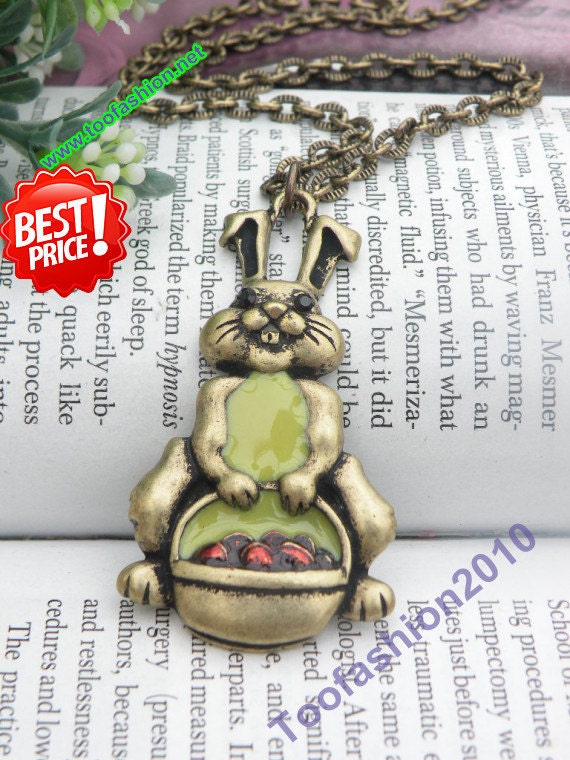 Pretty retro copper rabbit with a basket of fruit necklace pendant vintage style