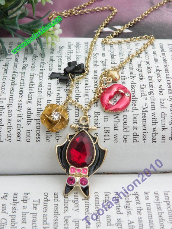 Pretty retro gold bat vampire with bow flower red lip necklace pendant jewelry vintage style